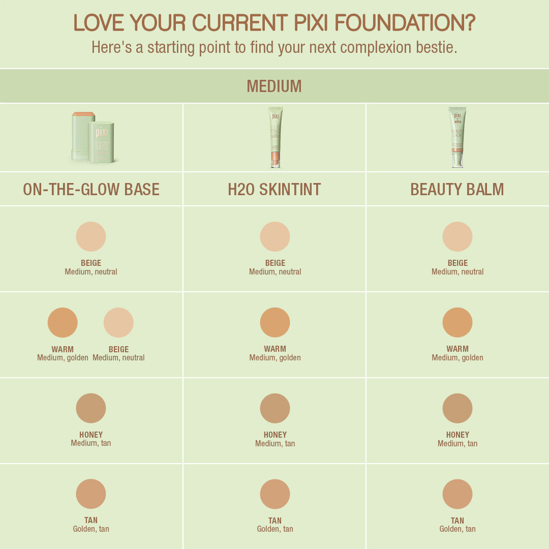 On-the-Glow base Pixi Foundation Shades Medium Range