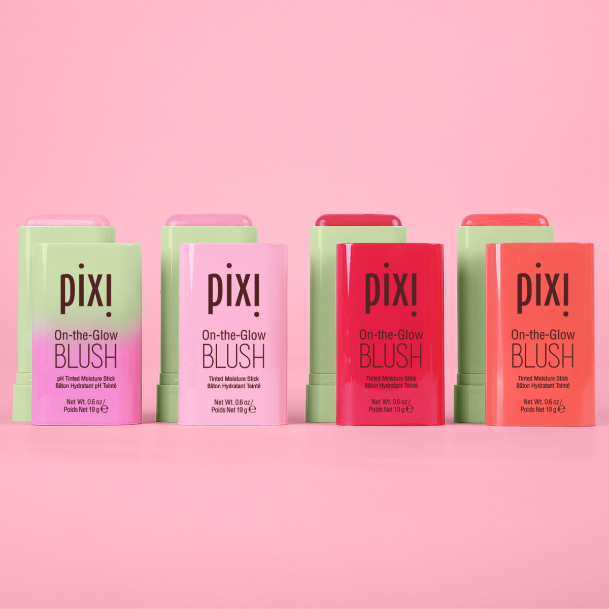 Pixi On-The-Glow Blush collection on pink background