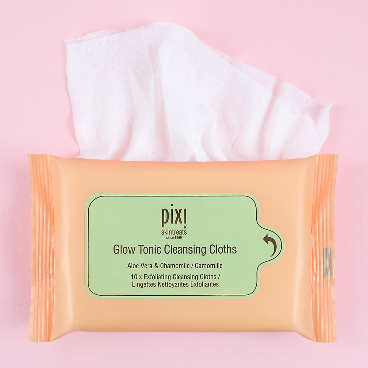 Glow Tonic Cleansing Cloths on pink background