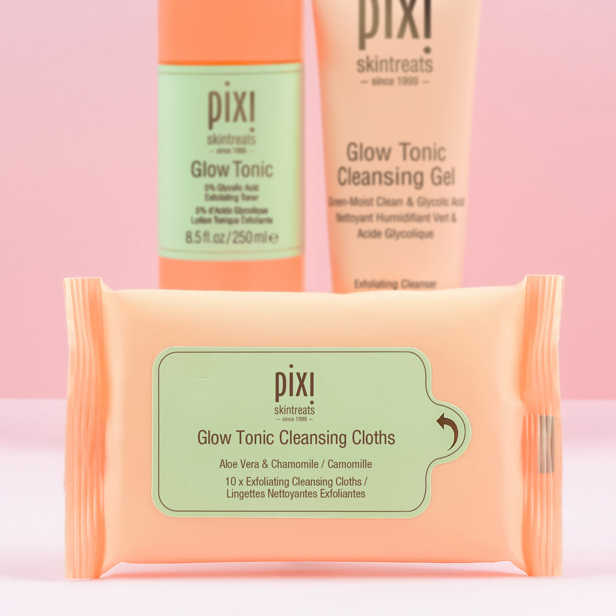 Glow Tonic Cleansing Cloths with other Glow Tonic products in background