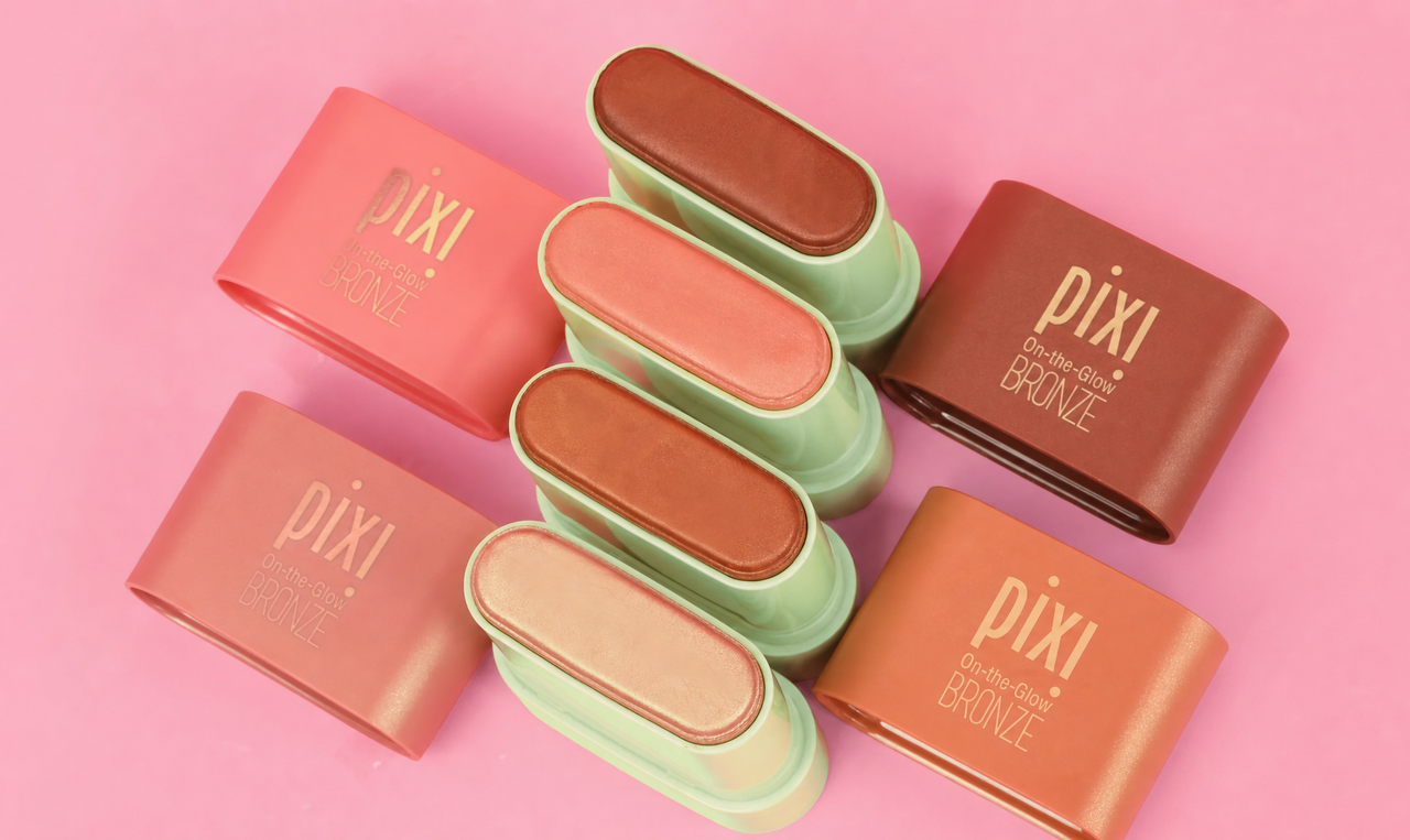 On-the-Glow BRONZE shown in all shades on a pink background