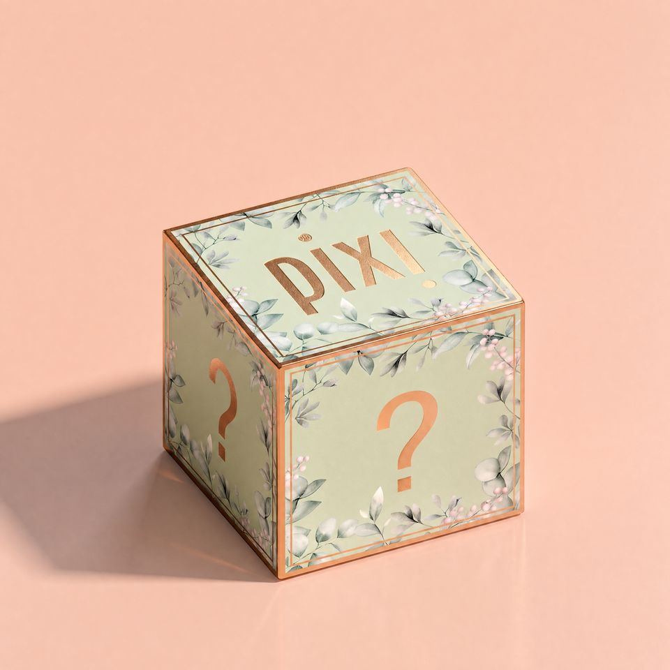A decorative cube-shaped box with a pale green floral print, metallic rose-gold trim, and 'pixi' on the top face, photographed on a soft peach-pink background. view 1