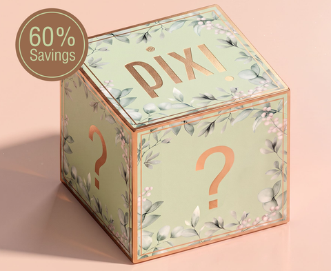 A square Pixi mystery box with a pale green floral design, rose gold metallic lettering, and question marks on the sides, set against a soft pink background with a '60% Savings' badge in the top left corner.