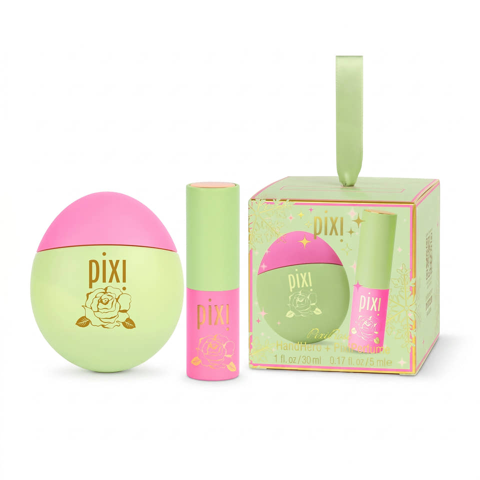 Pixi HandHero and PixiPerfume in PixiRose scented hand lotion and perfume with a light green body, gold rose graphic, and a pink cap, set against a plain white background. view 1