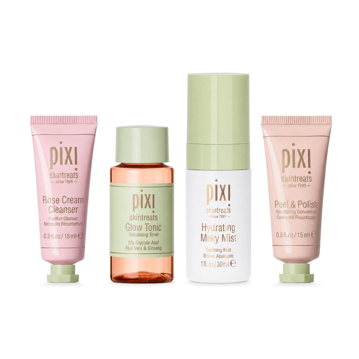 Four Pixi Skintreats skincare bottles and tubes arranged on a white background: a pink cleanser tube, a peach-toned toner bottle with a green cap, a white hydrating mist bottle with a green cap, and a pink peel-and-polish tube.