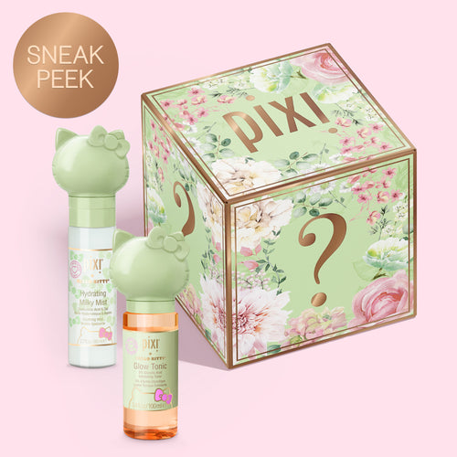 A floral Mystery Bundle box shown on a pink background with a Sneak Peek sticker along with Pixi + Hello Kitty Glow Tonic & Hydrating Milky Mist