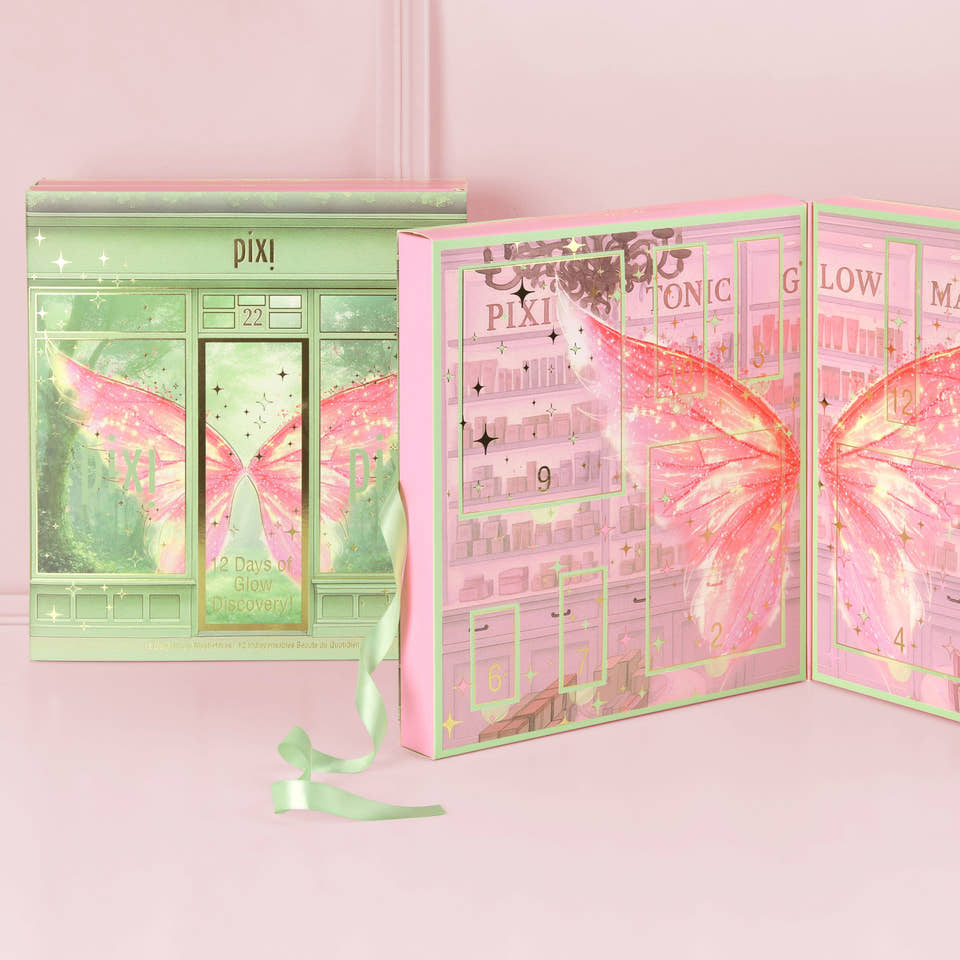 12 Days of Glow Discovery Calendar shown open and closed side-by-side on a pink background view 2