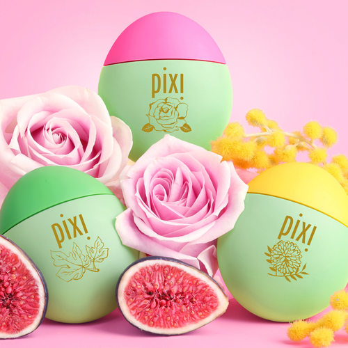 HandHero trio featuring PixiRose, PixiMimosa and PixiFig shown on a pink background with roses, mimosa blooms and figs view 2