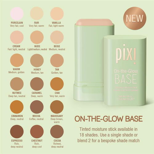 On-the-Glow Base shades 18 shades of tinted moisture stick available.  Use a single shade or blend 2 for a bespoke shade match.