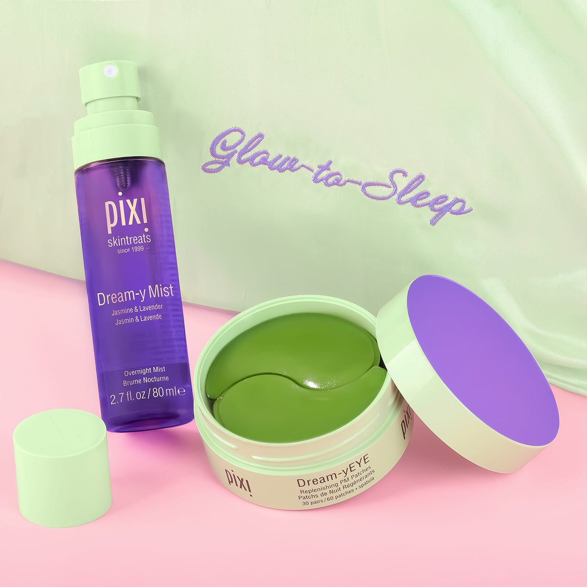 Pixi Green Pillow Case with Glow-to-Sleep embroidery and Dream-yEYE Patches and Dream-y Mist