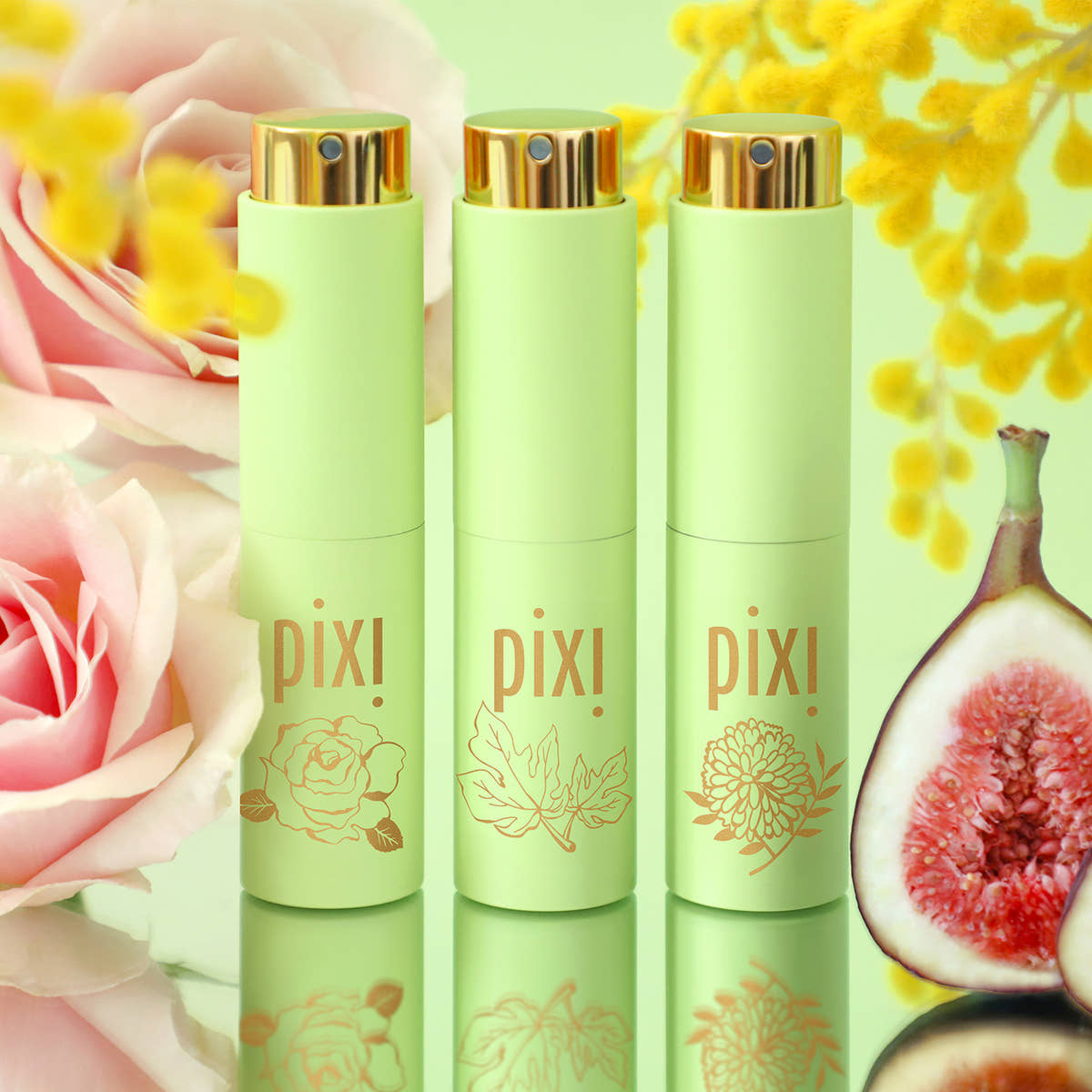Three green PIXI perfume packaging tubes with floral and fruit background