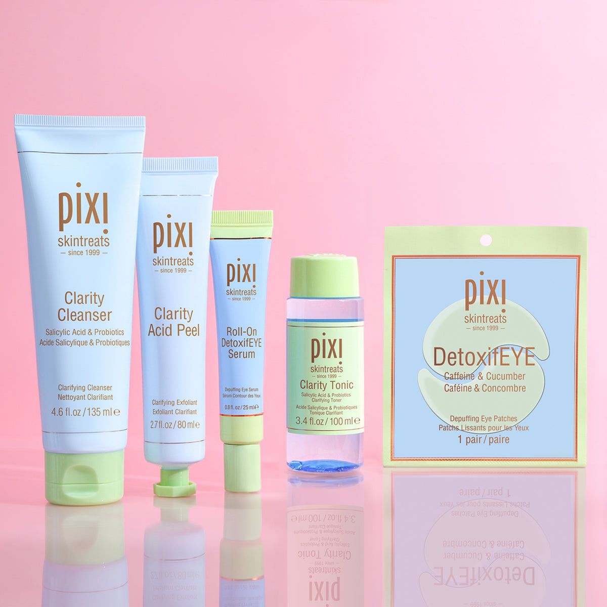Clear Skin Routine Bundle featuring Clarity Cleaner, Clarity Acid Peel, Roll-On DetoxifEYE Serum, Clarity Tonic, DetoxifEYE Single Patch