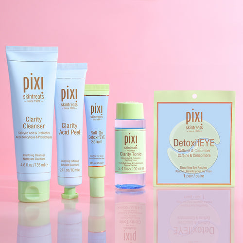 Clear Skin Routine Bundle featuring Clarity Cleaner, Clarity Acid Peel, Roll-On DetoxifEYE Serum, Clarity Tonic, DetoxifEYE Single Patch view 1