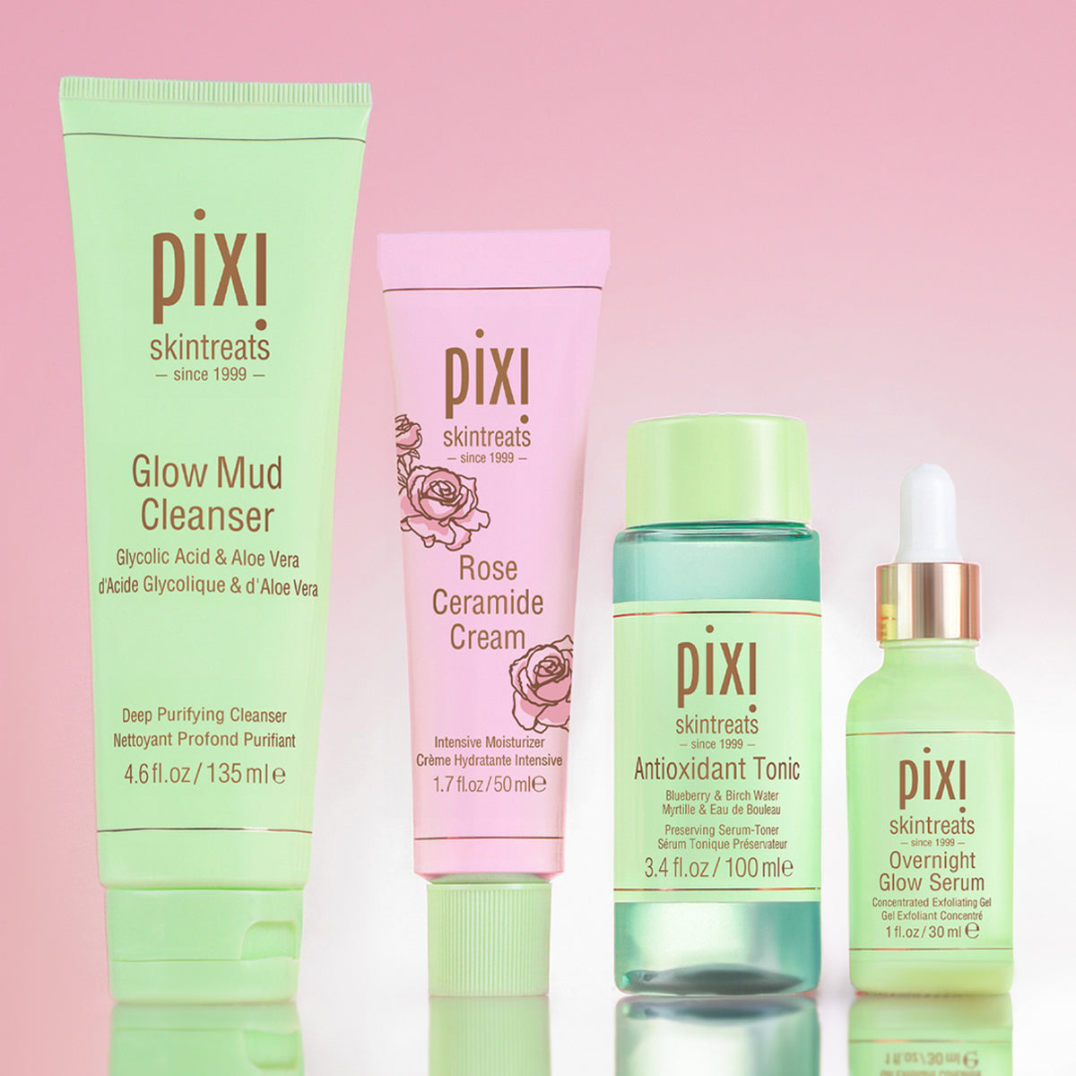 Night Nourish Kit featuring Glow Mud Cleanser, Rose Ceramide Cream, Antioxidant Tonic and Overnight Glow Serum