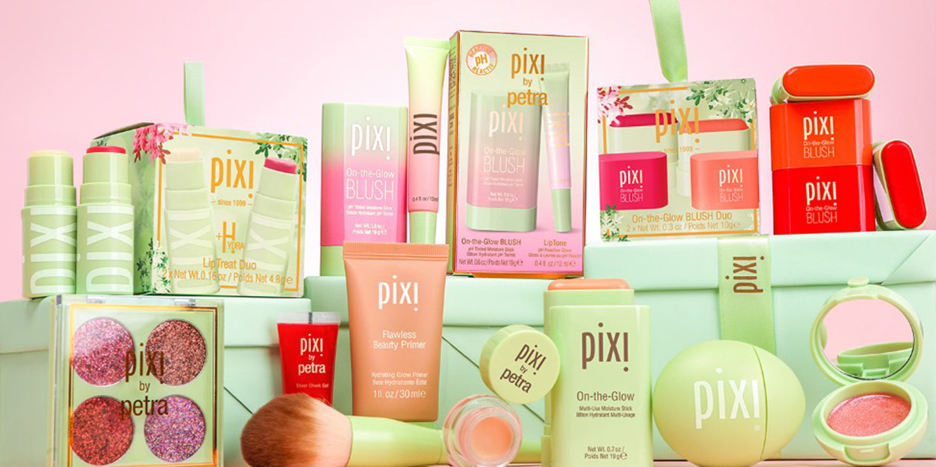 Cyber Monday: Image showing collection of Pixi makeup products on a pink background