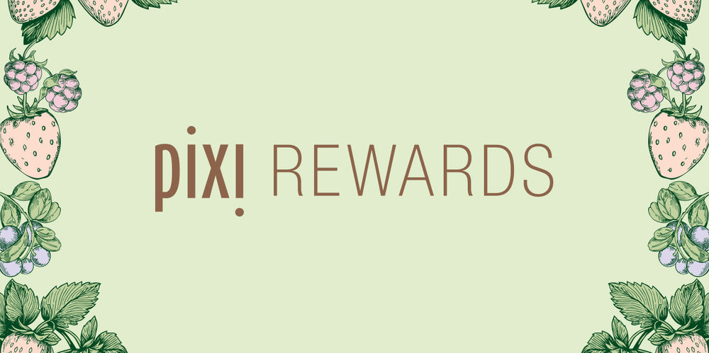 Pixi Rewards logo on a green background with berries featured in the border