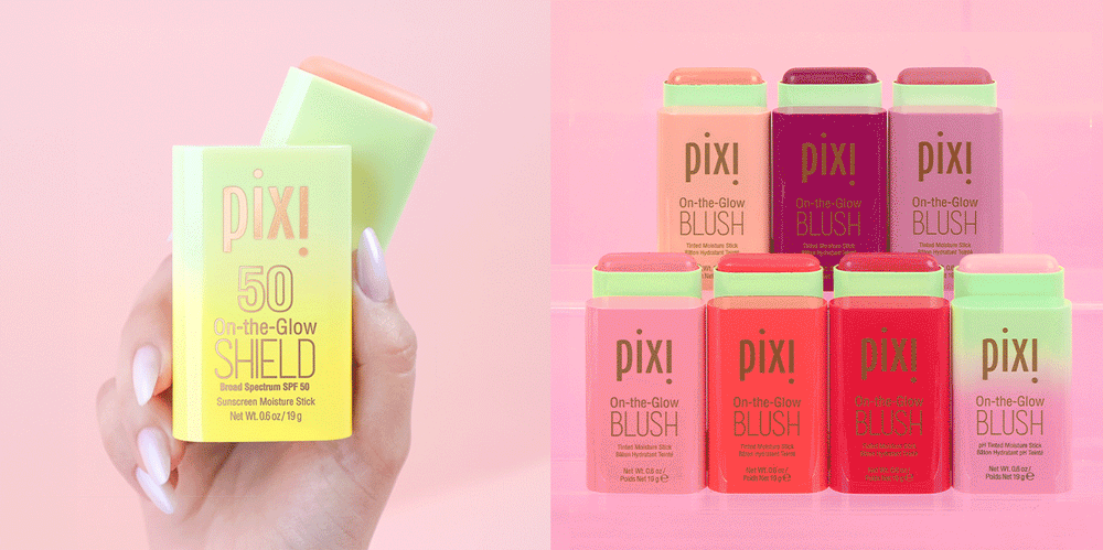 On-the Glow SHIELD SPF 50 held in hand next to collection of On-the-Glow products featuring Base, Blush, Bronze and SuperGlow - view 1