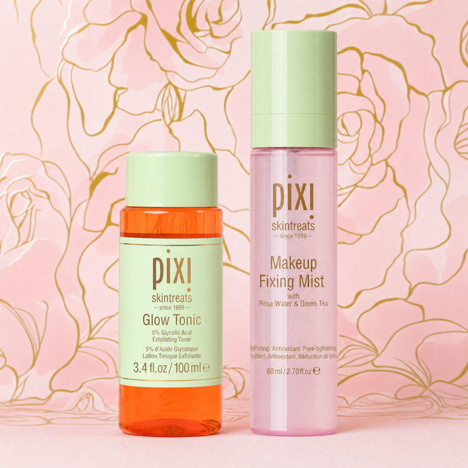 Glow Edit bundle featuring Glow Tonic Travel Size and Makeup Fixing Mist on a pink flower design background view 1