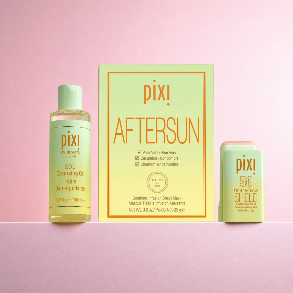 SunTreats Trio shown on a pink background featuring EOD Cleansing Oil, AfterSun Sheet Masks and On-the-Glow SHIELD SPF 50 view 1