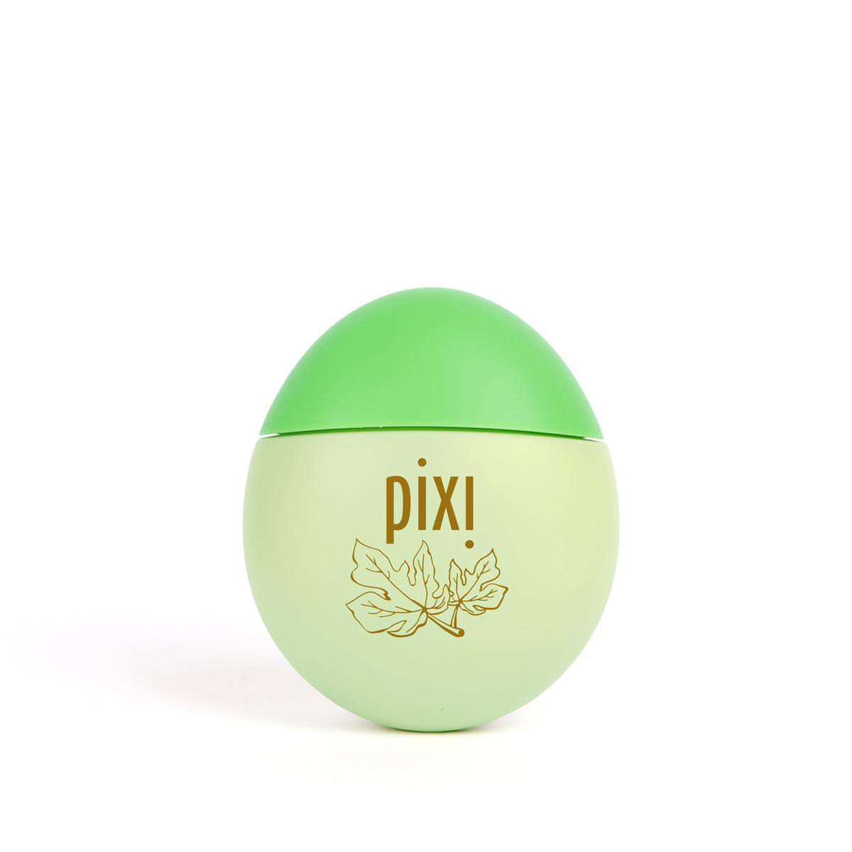 Pixi HandHero PixiFig scented hand lotion in an egg-shaped container with a light green body, gold rose graphic, and a pink cap, set against a plain white background.
