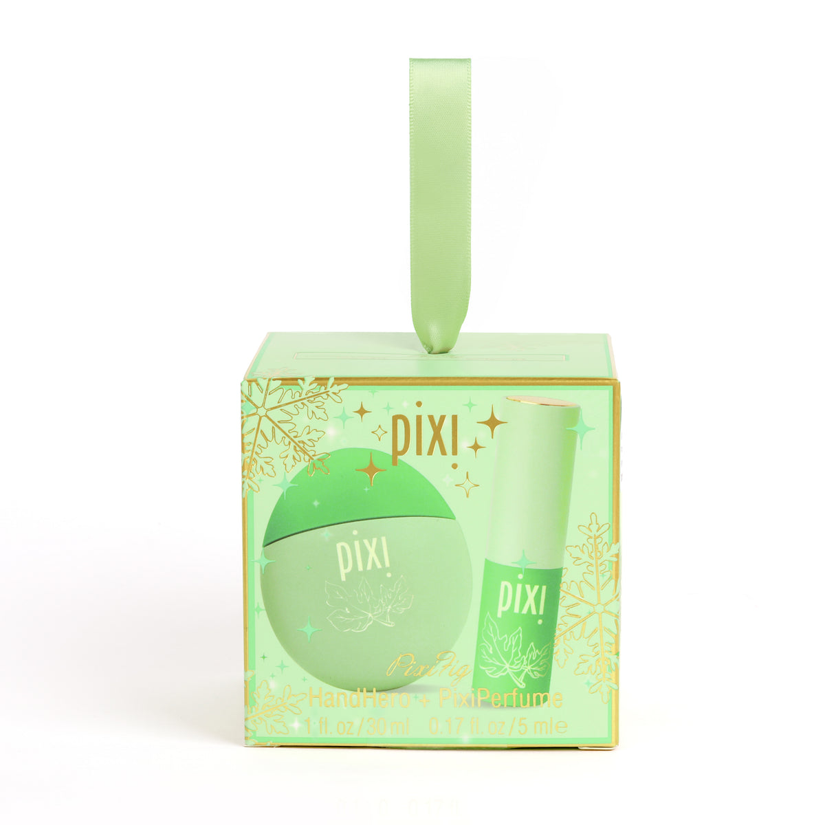 Pixi HandHero and PixiPerfume in PixiFig scented hand lotion and perfume packaging - a decorative holiday ornament.