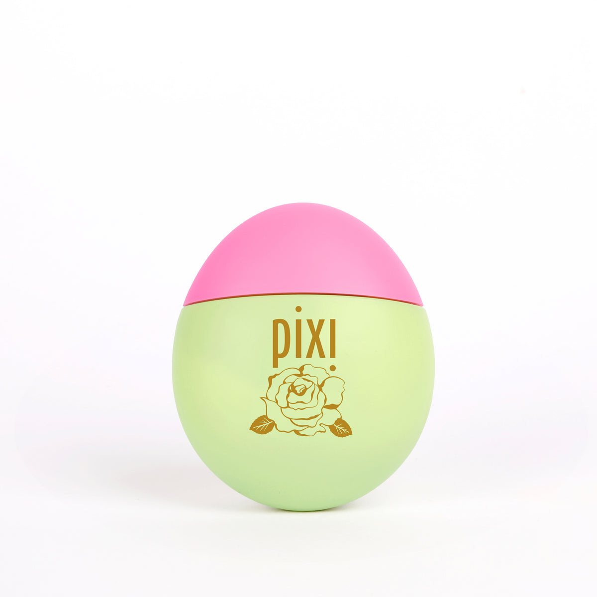 Pixi HandHero PixiRose scented hand lotion in an egg-shaped container with a light green body, gold rose graphic, and a pink cap, set against a plain white background.