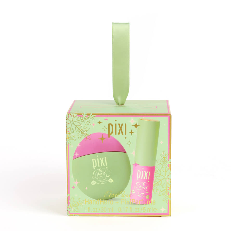 Pixi HandHero and PixiPerfume in PixiRose scented hand lotion and perfume packaging - a decorative holiday ornament. view 2