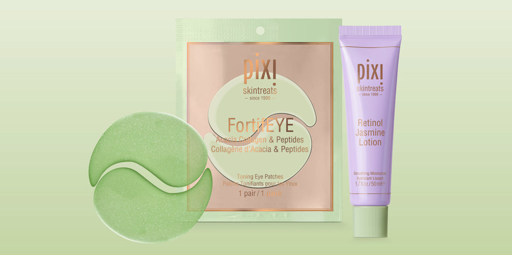 FortifEYE Patches 1-Pair and Retinol Jasmine Lotion on a green background