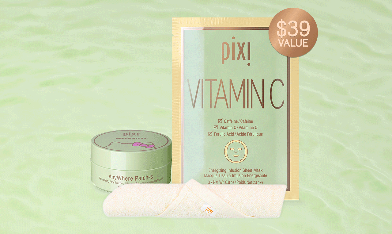 Deluxe Spa Trio, a $39 value, featuring AnyWhere Patches, Face Cloth, and choice of Volume, Glow, or Vitamin-C Sheet Mask Set-of-3.