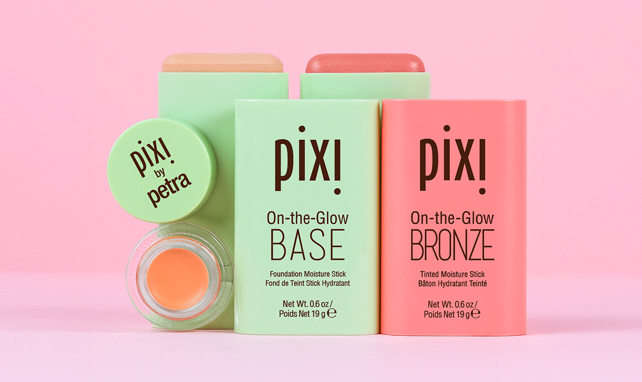 Correction Concentrate, On-the-Glow BASE and On-the-Glow BRONZE shown on a pink background