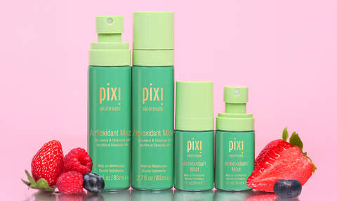 Antioxidant Mists in multiple sizes shown on a pink background with berries - view 2