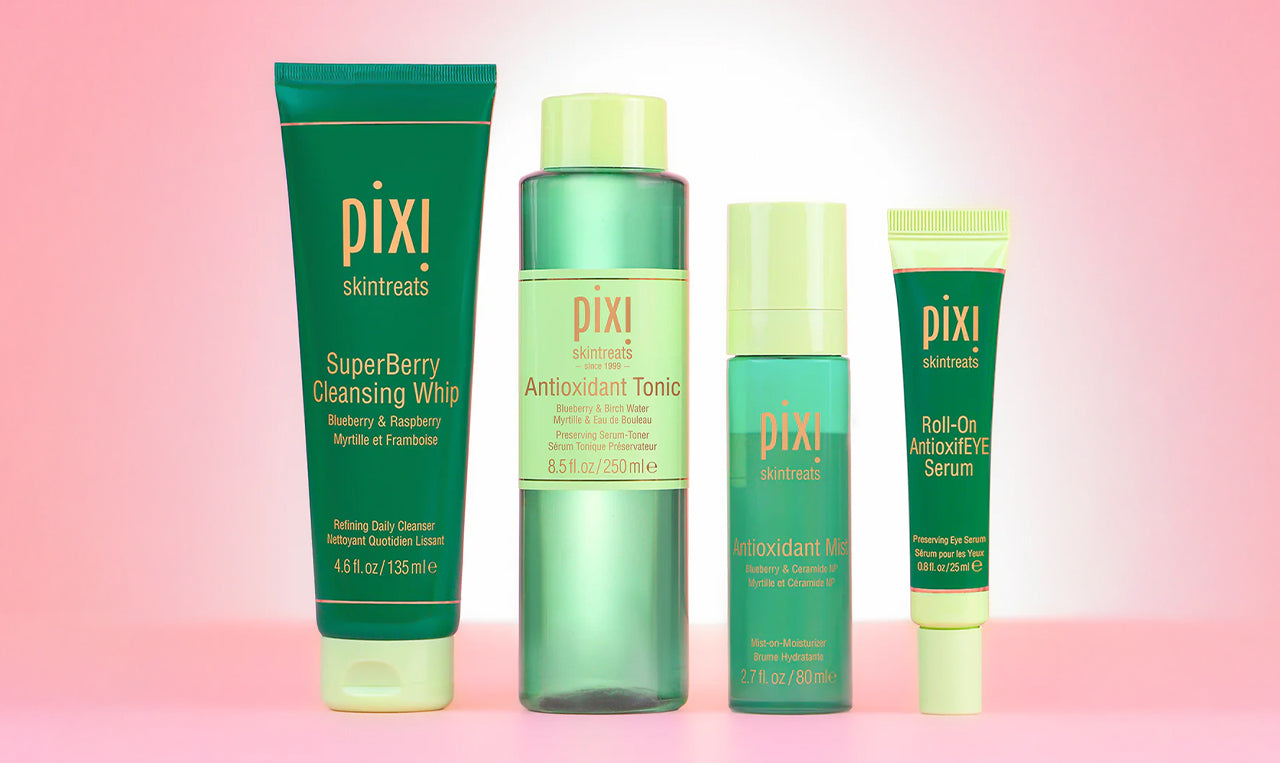 Antioxidant Essentials bundle on a pinkb background featuring SuperBerry Cleansing Whip, Antioxidant Tonic, Antioxidant Mist and Roll-On AntioxifEYE Serum