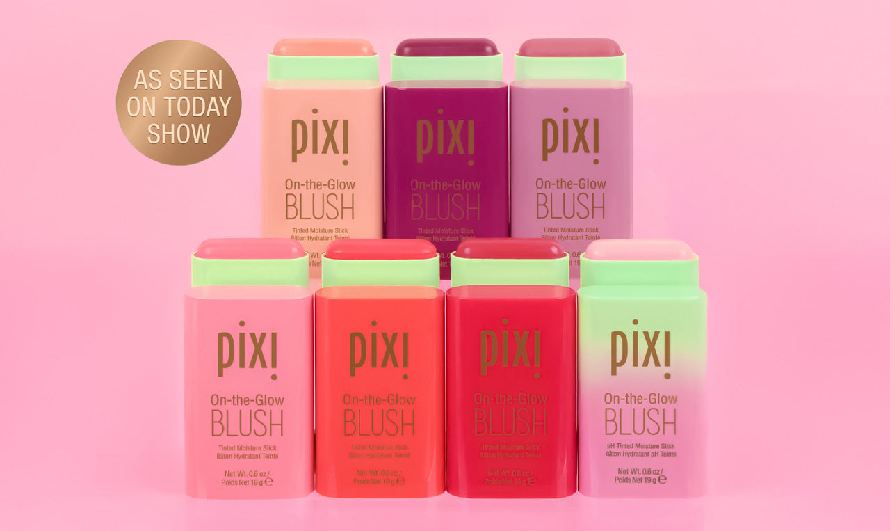 Pixi On-the-Glow Blush products on a pink background and "As Seen on Today Show" sticker