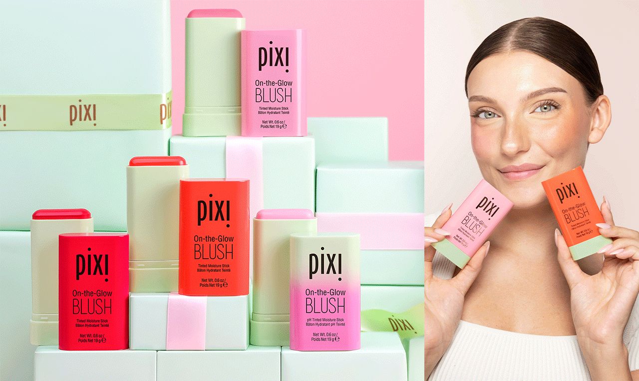 On-the-Glow Blush collection with gift wrapped next to model highlighting two shades