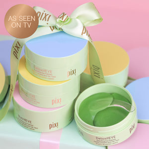 pixi eye patches with packaging on a colorful background and As Seen on TV label