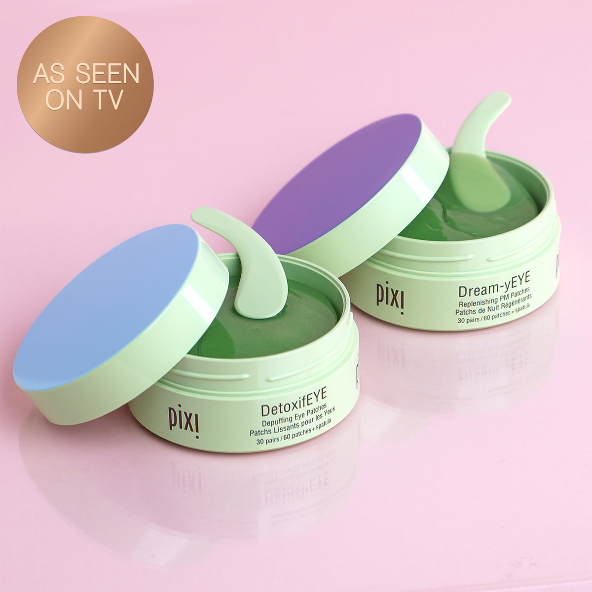 Two Eye Patch containers with eye patches on a pink background, labeled 'Pixi As Seen on TV'