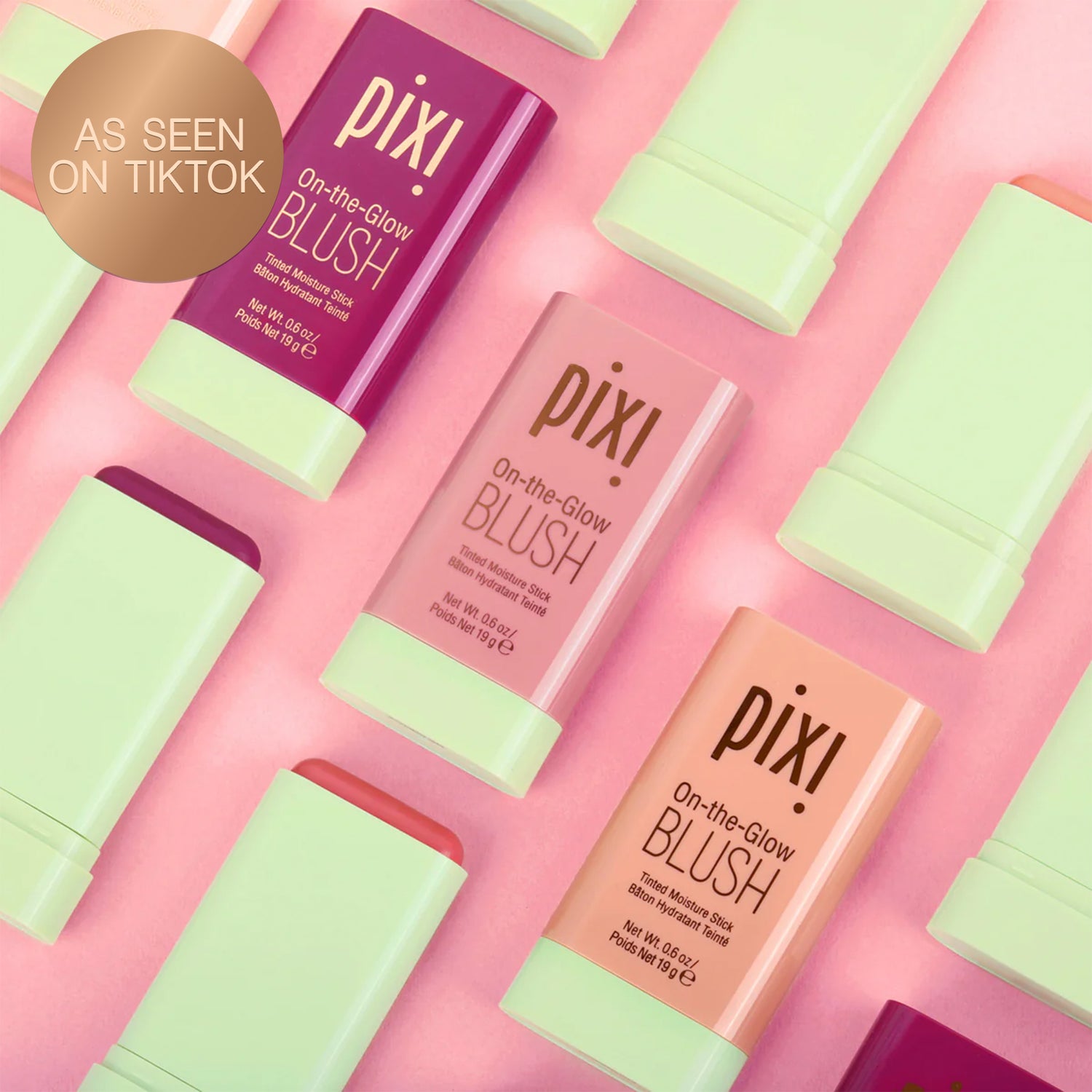 New Shades of On-the-Glow BLUSH on a pink background with As Seen on TikTok sticker - view 1