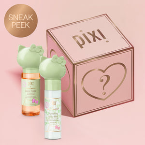 A pink Mystery Bundle box shown on a pink background with a Sneak Peek sticker along with Pixi + Hello Kitty Glow Tonic & Hydrating Milky Mist