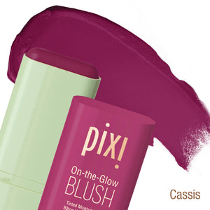 Pixi On-the-Glow Blush in Cassis color with product packaging and swatch on a white background
