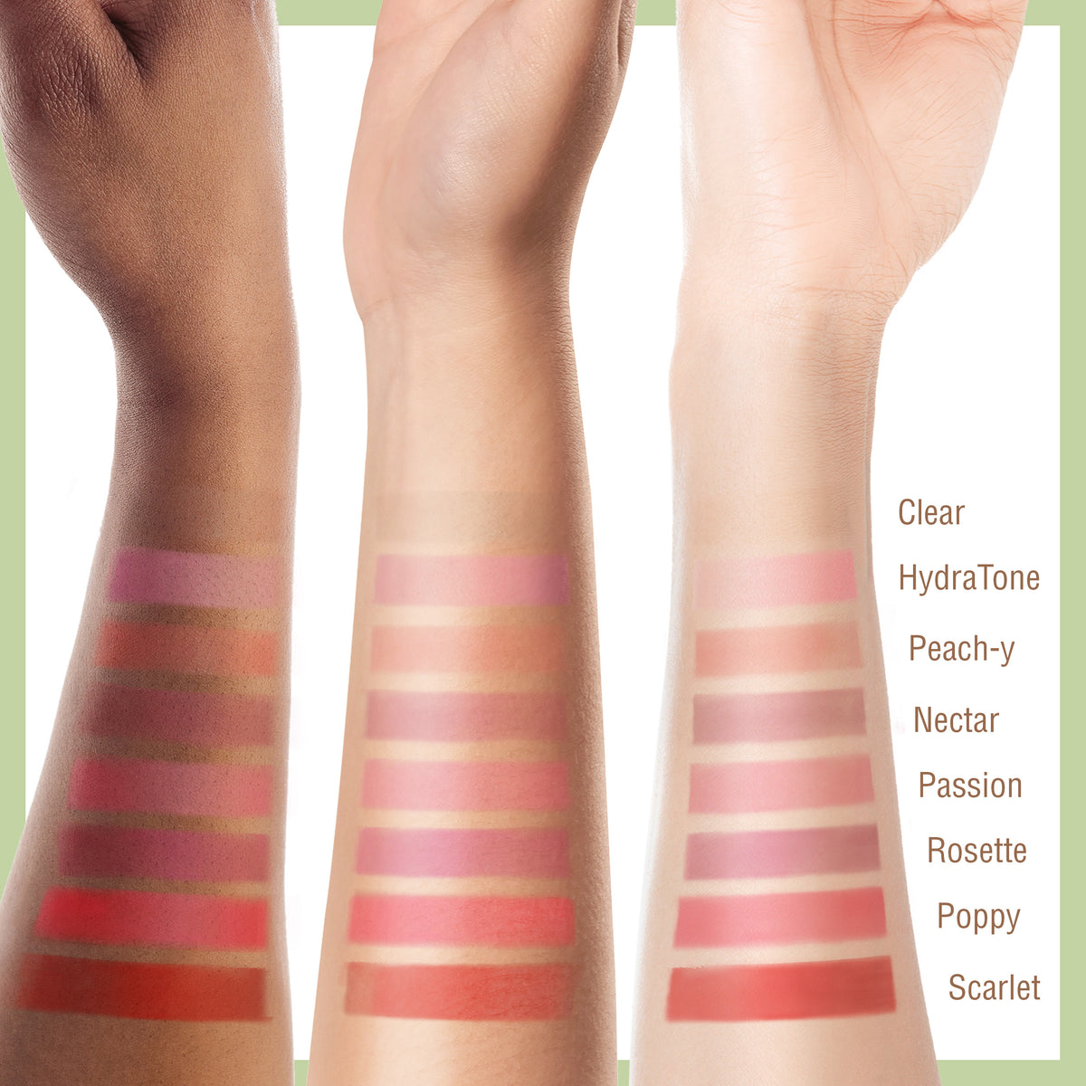 All shade swatches of Hydra LipTreat Petite shown on 3 arms