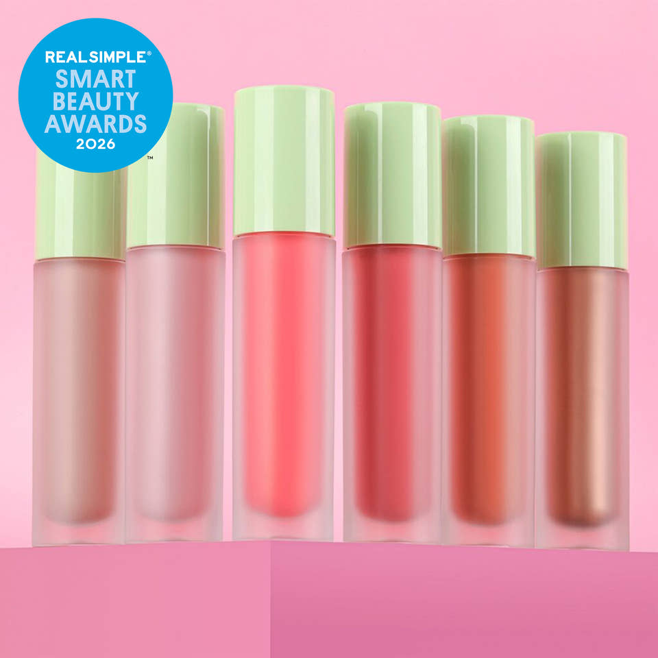 Pixi LiquidGlow Blush serum blush and lip tint with doe-foot applicator.  All shades of LiquidGlow Blush shown on a pink background with RealSimple Smart Beauty Awards 2026 sticker - view 2 view 1