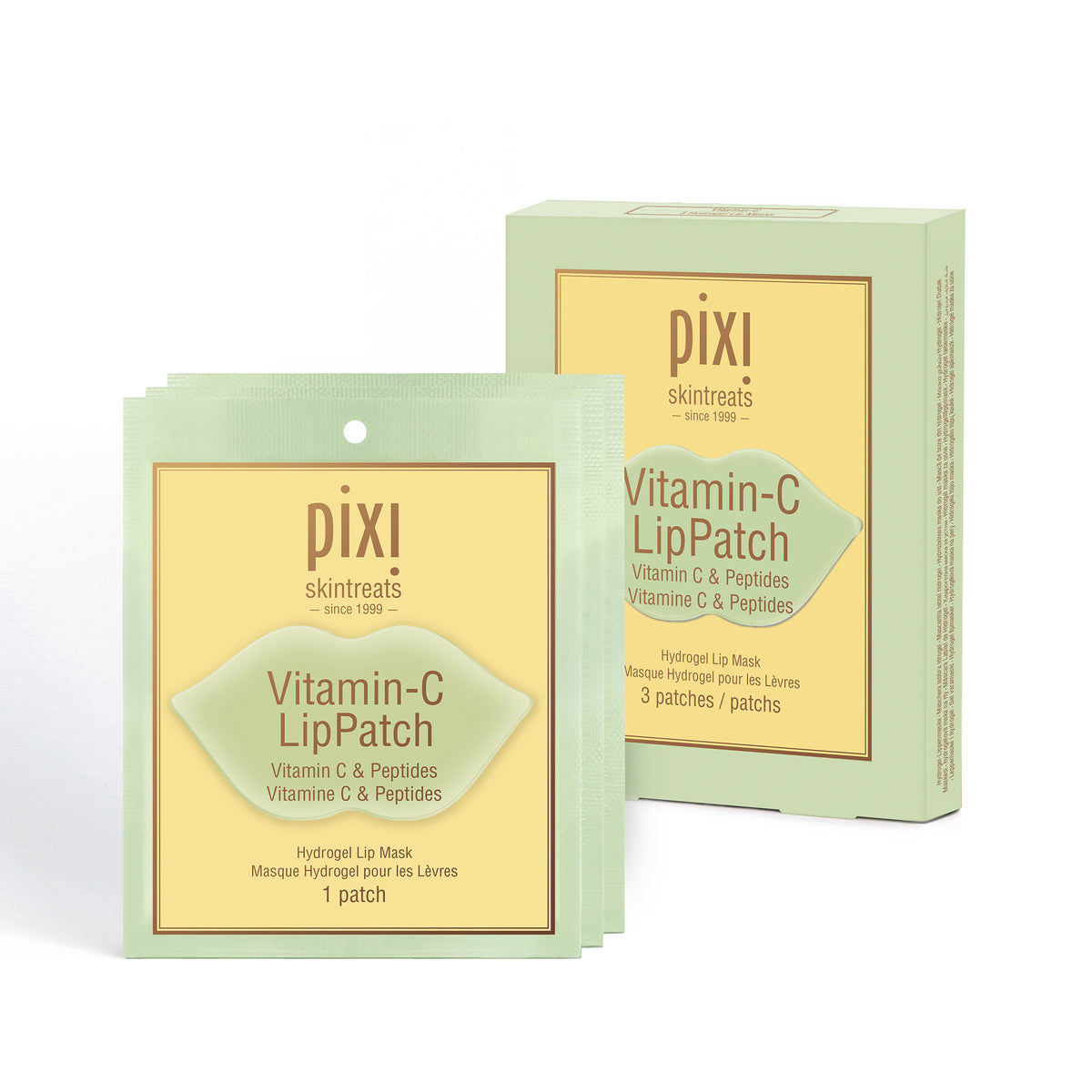 Three patch set of PIXI Vitamin-C LipPatch packaging on a white background