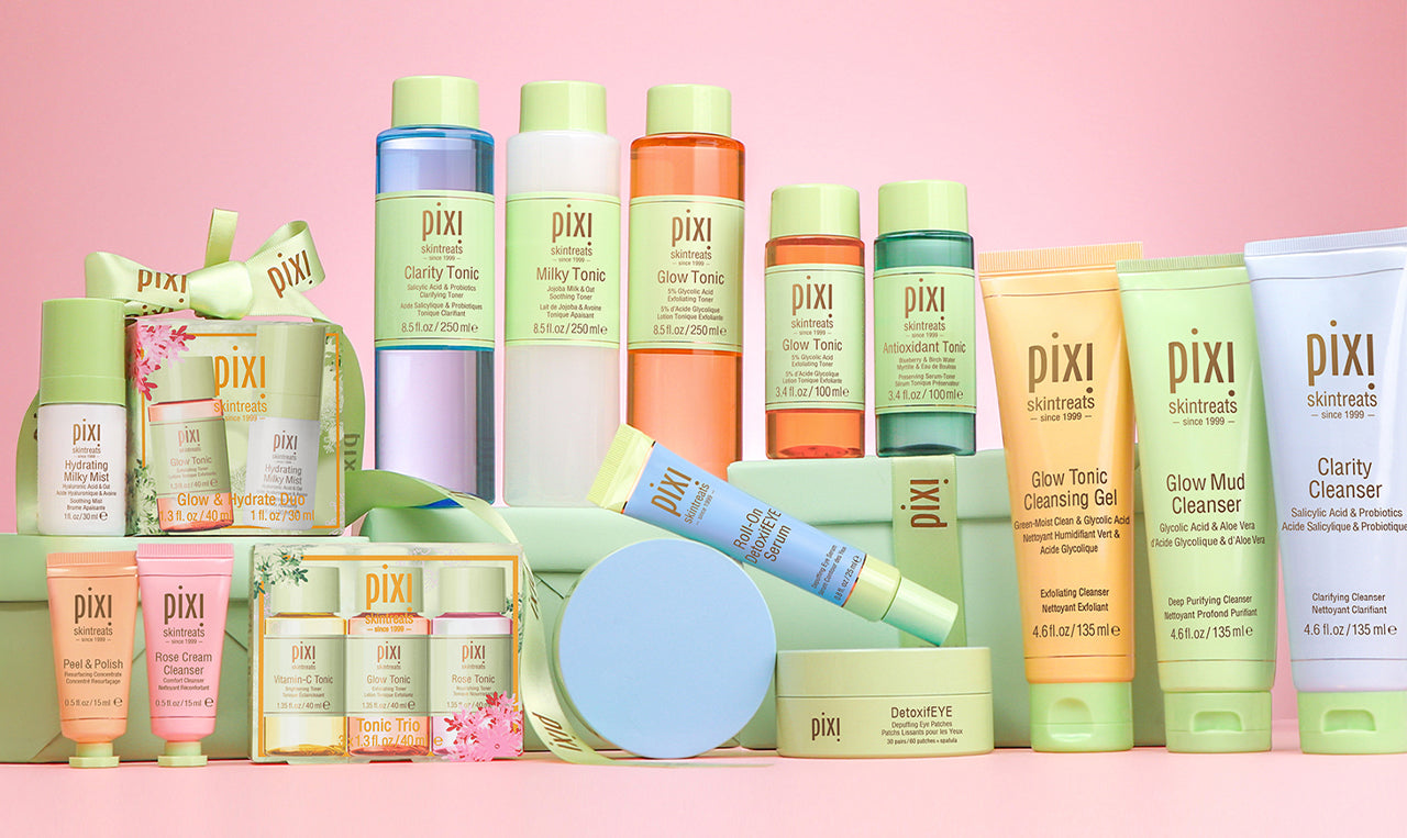 Holiday imagery showing variety of Pixi Tonics, Cleansers, Mists, and DetoxifEYE patches and serum