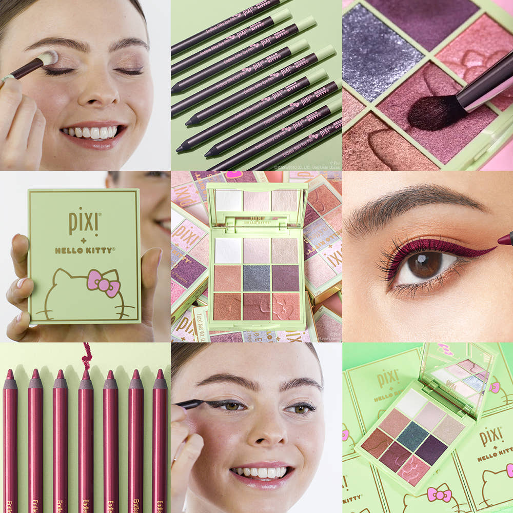 Collage of Pixi Beauty makeup products including eyeshadows, eyeliner, and a palette.