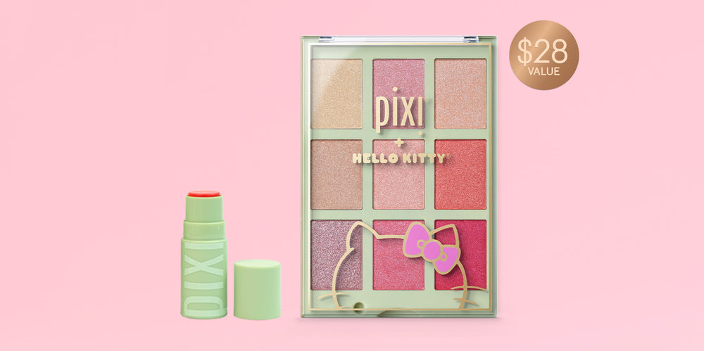 Pixi + Hello Kitty Palette with HydraLip Treat on a pink background. 28 Value callout