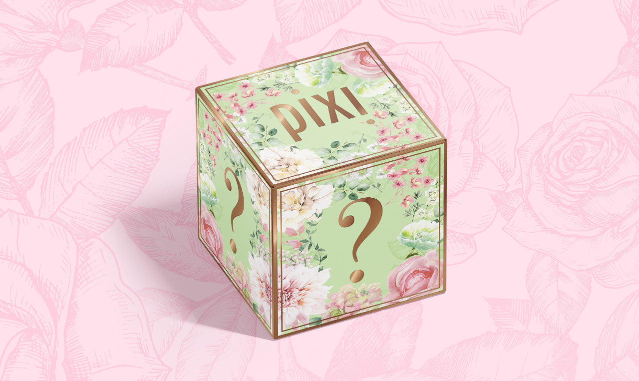 A pink Mystery Bundle box shown on a pink background 