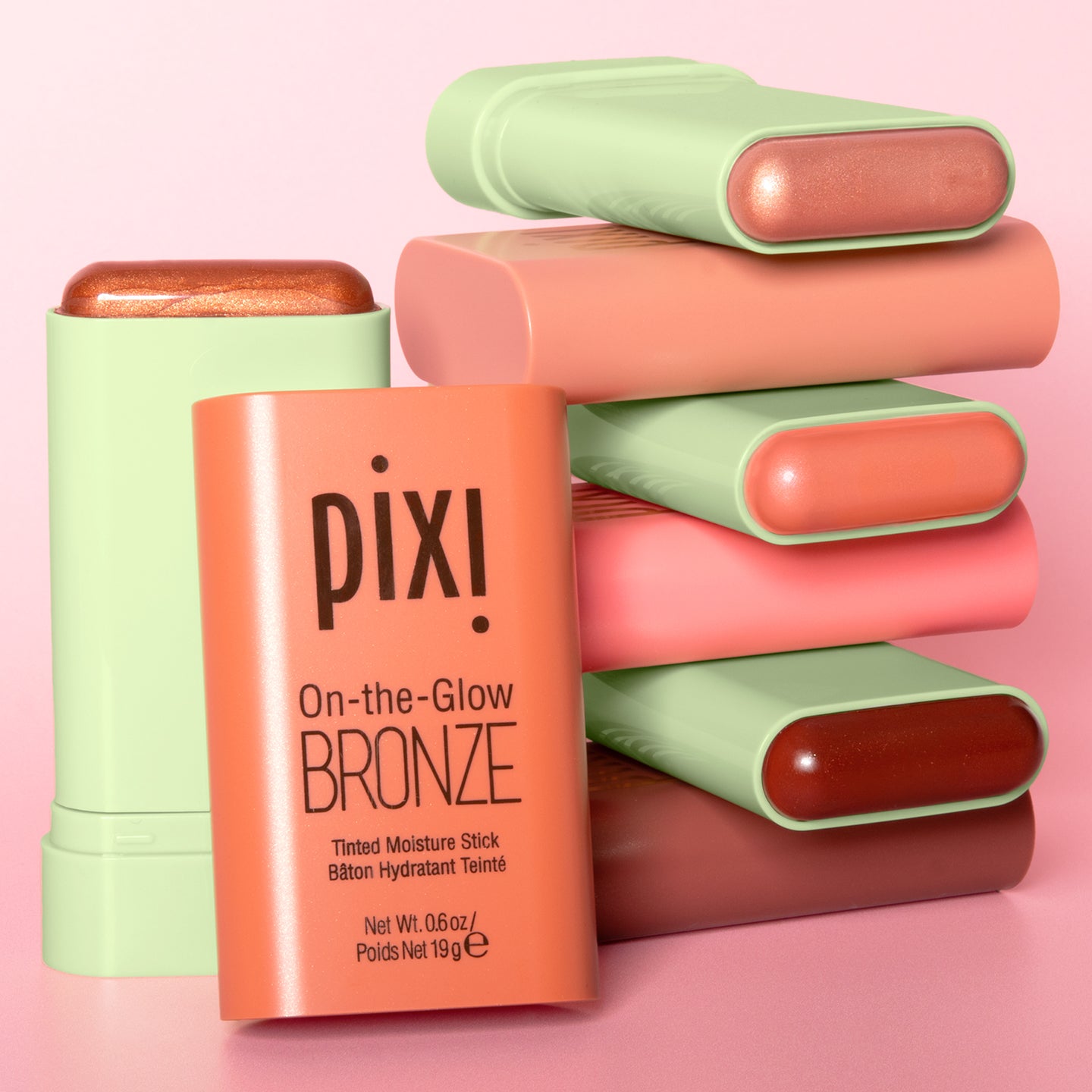 Four Pixi On-the-Glow BRONZE cream bronzer sticks in SoftGlow, WarmGlow, RichGlow and BeachGlow.