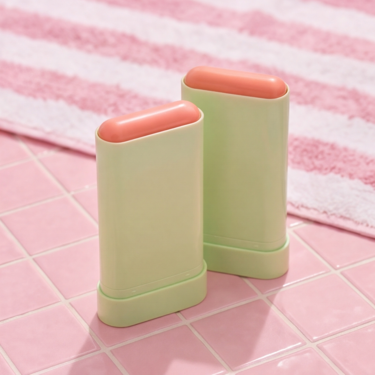 Pixi On-the-Glow Shield SPF 50 sunscreen sticks with caps off standing on a pink tiled surface with a pink-and-white striped towel in the background.