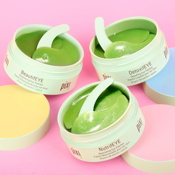 Eye Patch Best Sellers Trio featuring NurtifEYE, BeautifEYE and DetoxifEYE on a pink background - View 2 view 