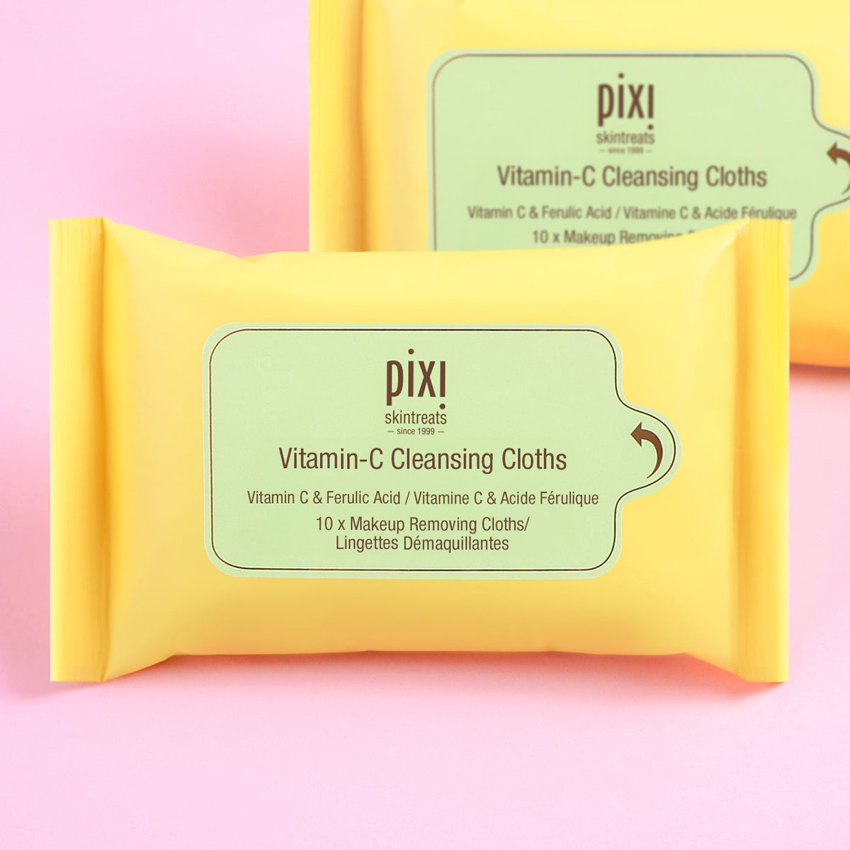Pack of PIXI Vitamin-C Cleansing Cloths on a pink background